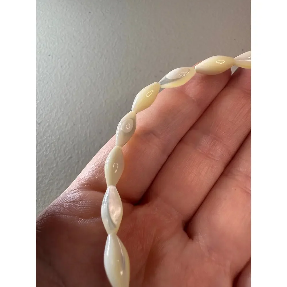 Vintage Mother of Pearl Shell Beaded Necklace Marquise Gold Tone Clasp